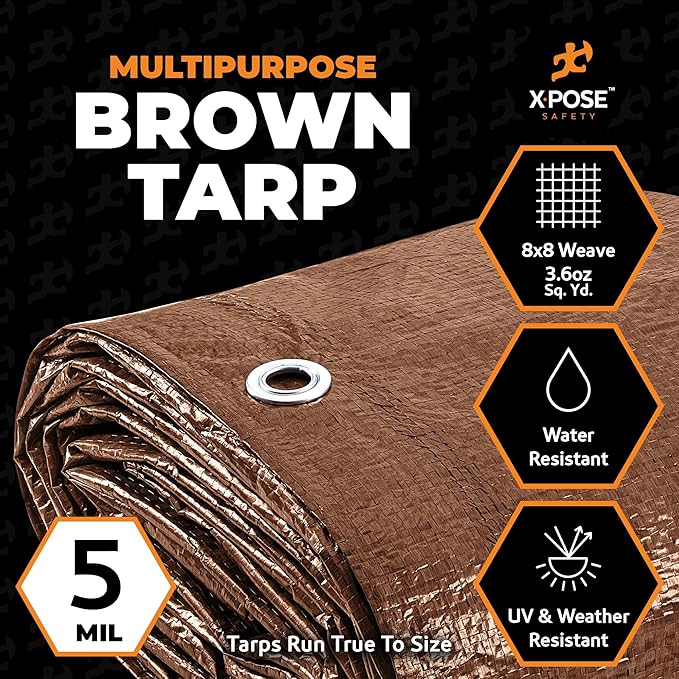 Multipurpose Protective Cover Brown Poly Tarp 30' x 50' - Durable, Water Resistant, Weather Resistant - 5 Mil Thick Polyethylene - by Xpose Safety