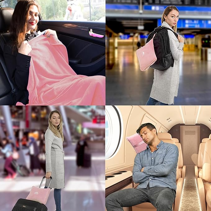 BlueHills Premium Soft Travel Blanket Pillow Airplane Blanket in Soft Bag case with Hand Luggage Belt and Carabiner Compact Pack Large Cozy Portable for Plane Car Train Transit Light Pink T020