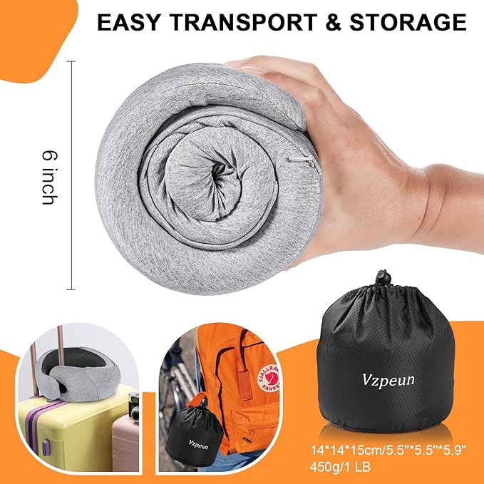 Travel Pillow - Hooded Neck Pillow Airplane Memory Foam Filling for Plane, Office, Cars Sleeping, Road Trip, Long Flights, Portable Plane Accessories, Includes Eye Mask & Earplugs (Light Gray)