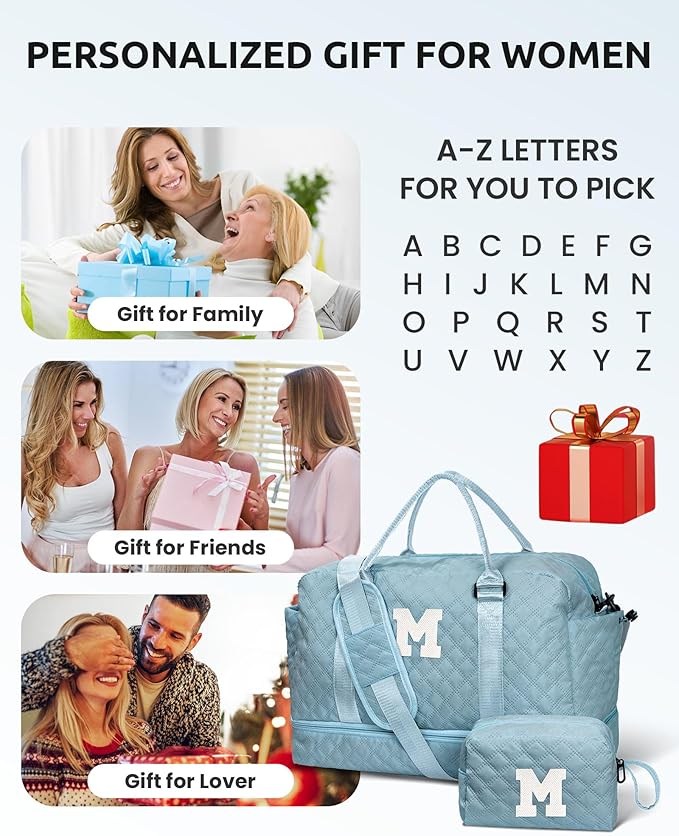 Personalized Gifts-Initial Overnight Bag with Shoe Compartment, Personalized Weekender Bag, Monogram Overnight Bag, Letter Travel Bag with Makeup Bag，Birthday Gift For Women Girl (Letter Q)