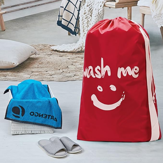 HOMEST 2 Pack XL Wash Me Travel Laundry Bag with Strap, Dirty Garments Organizer, Large Enough to Hold 4 Loads of Clothes, Easy Fit a Hamper or Clothing Basket, Black and Red