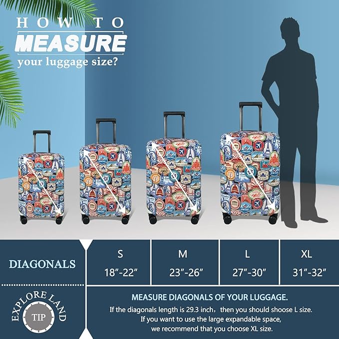 Explore Land Travel Luggage Cover Suitcase Protector Fits 23-26 Inch Case (Landmark Sticker, M)