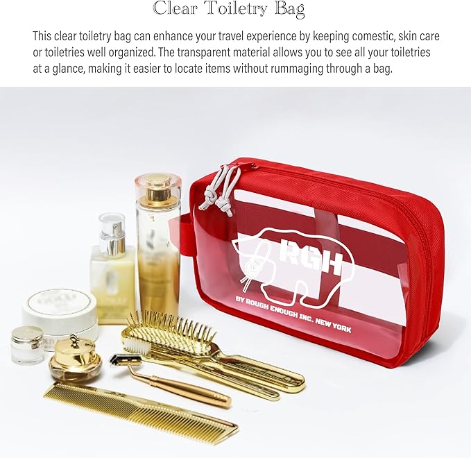 Rough Enough Clear Toiletry Bag Travel Cosmetic Makeup Toothbrush Case Pouch Organizer for Women Men Leakproof Traveling Essentials Red