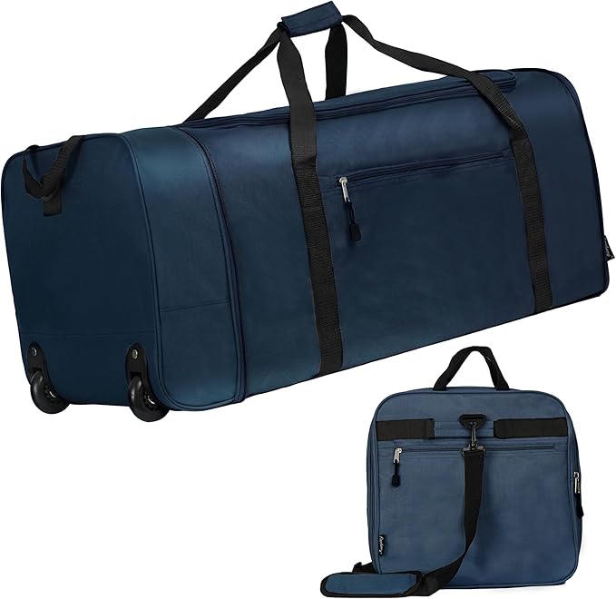 Finnhomy 100L Foldable Rolling Duffel Bag with 2 Wheels, Light Weight Travel Duffel bag with Large Loading Capacity, 32 inch Rolling Duffel bag with Shoulder Strap for Travel Camping Sports, Dark Blue