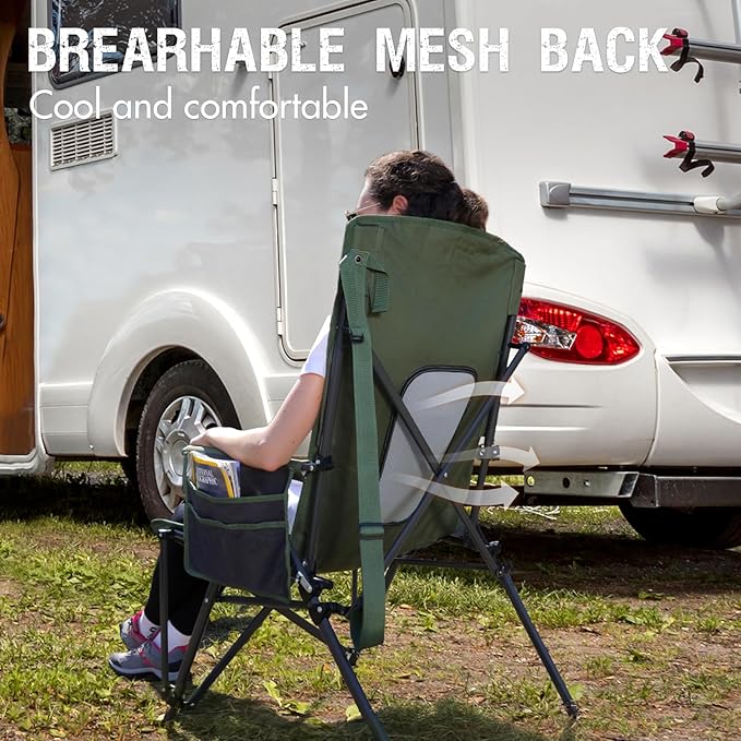 PORTAL Oversized Folding High Back Portable Lawn Chairs for Adults Outdoor Camp Sports Hunting Fishing Backyard with Hard Armrest Cup Holder Carrying Strap, Supports 400LBS, Green