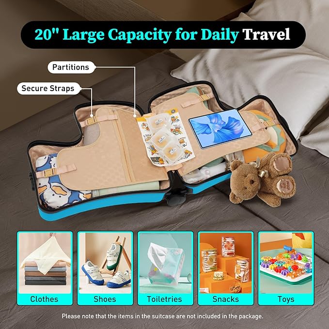 20 Inch Children's Ride On Trolley, Toddler Luggage Seat Ride with Lock, Kid's Ride-on Travel Suitcase with Spinner Wheels, Kids Travel Trolley Riding Luggage Suitcase for Boys Girls Gift, Blue