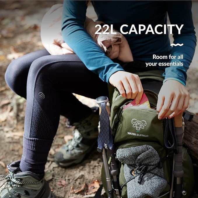 Water Buffalo Hydration Backpack - Sherpa 22L Hiking Backpack with Water Bladder - Water Backpack for Hiking with Waterproof Zippers, Phone & Pole Holders
