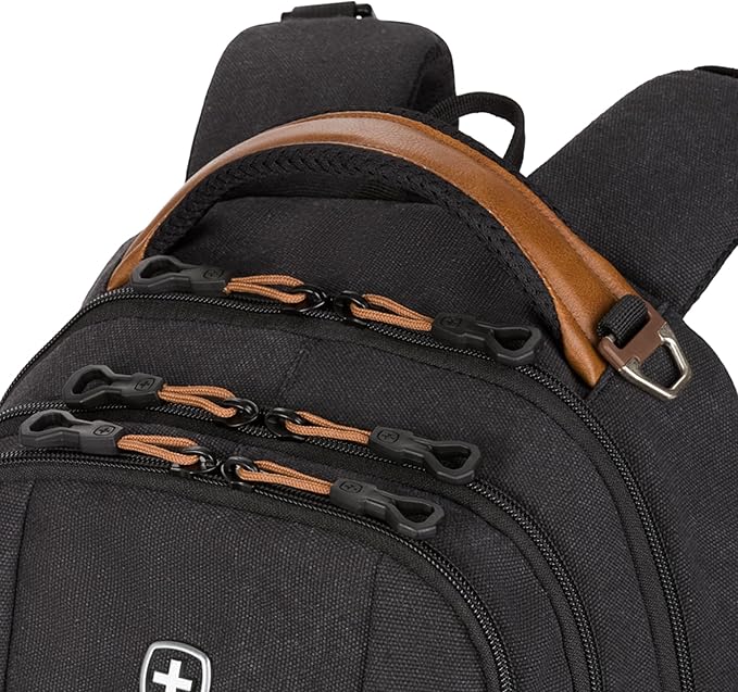 SwissGear 5505 Cecil 16” Laptop Backpack Black Canvas/Brown – Daily Laptop Bag with Gear Attachment Options – Multiple Organizer Pockets & Padded Shoulder Straps