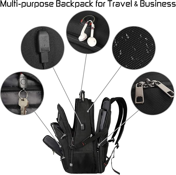 17 inch Laptop Backpack, Large Travel Backpack for Men Airline Approved with USB Charging Port and TSA Friendly, RFID Anti Theft Water Resistant Bookbag Fit for College High School Students Weekender