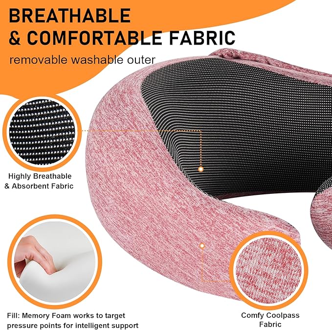 Travel Pillow - Hooded Neck Pillow Airplane Memory Foam Filling for Plane, Office, Cars Sleeping, Road Trip, Long Flights, Portable Plane Accessories, Includes Eye Mask & Earplugs (Red)