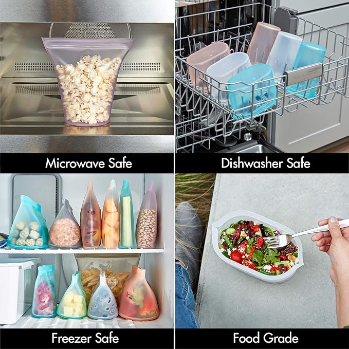 Zip Top Reusable Food Storage Bags | 2 Bag Set [Teal] | Silicone Meal Prep Container | Microwave, Dishwasher and Freezer Safe | Made in the USA