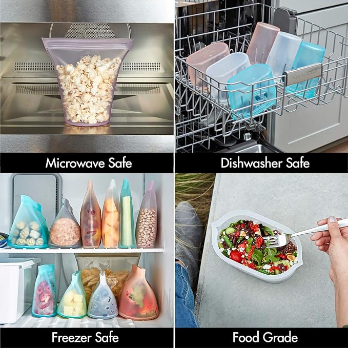 Zip Top Reusable Food Storage Bags | Full Set of 8 [Gray] | Silicone Meal Prep Container | Microwave, Dishwasher and Freezer Safe | Made in the USA