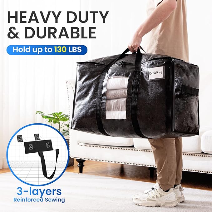 TAILI Extra Large Moving Bags, 6 Pack Black Heavy Duty Totes For Storage with Visible Window, Wrap Around Handles, Storage Bags for Space Saving, Alternative to Moving Boxes