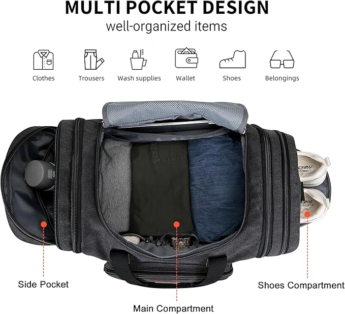 WITZMAN Mens Duffle Bags for Traveling Canvas Weekender Travel Bag Expandable Overnight Bag Carry on Bag(A8007 Black)