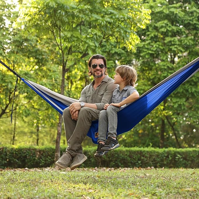 Camping Hammock, Portable Hammocks with Mosquito Net,Lightweight Nylon Parachute Hammock with 10ft Tree Straps,Camping Gear Must Haves for Travel Hiking Backpacking Beach Patio-Blue&Grey