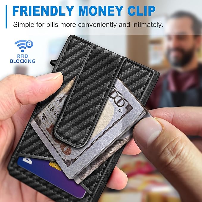 Airtag Wallet for Men,with Money Clip Gift Boxed,Slim Front Pocket Wallet RFID Blocking Metal Case Smart Pop-up Credit Card Holder in Magnetic Leather Flip