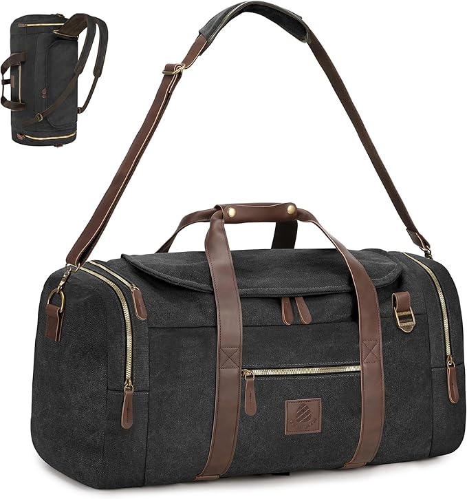 60L Travel Bags for Men, Nomad Canvas Duffle Bag Vintage Genuine Leather Travel Duffel Bag Multifunctional Weekender Overnight Backpack with Shoes Compartment (Black, X Large-60L)
