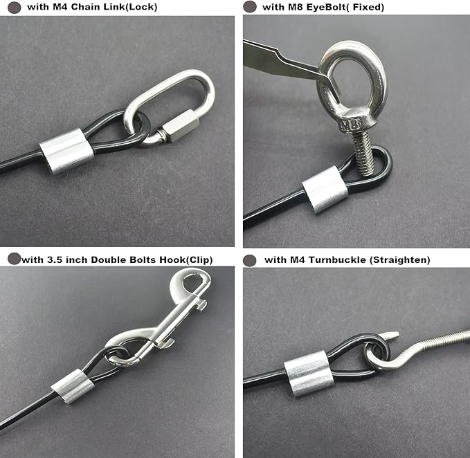 5 Pcs 4mm Wire 24 inch Vinyl Coated Stainless Steel Cable with Loops Short Wire Rope Lanyard Lock Security Chain Link for Outdoor Gates, Black(4mm x 24inch)