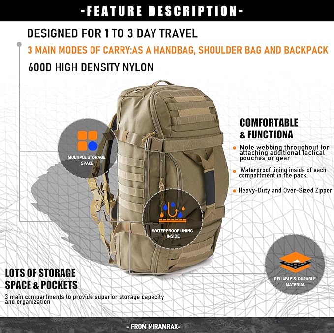 Gym Bag Duffle Bags Backpack - Travel Weekender Bag for Men Women Workout Bag for Military,Sports,Overnight,Basketball,Tactical,Football,Waterproof & Tear Resistant