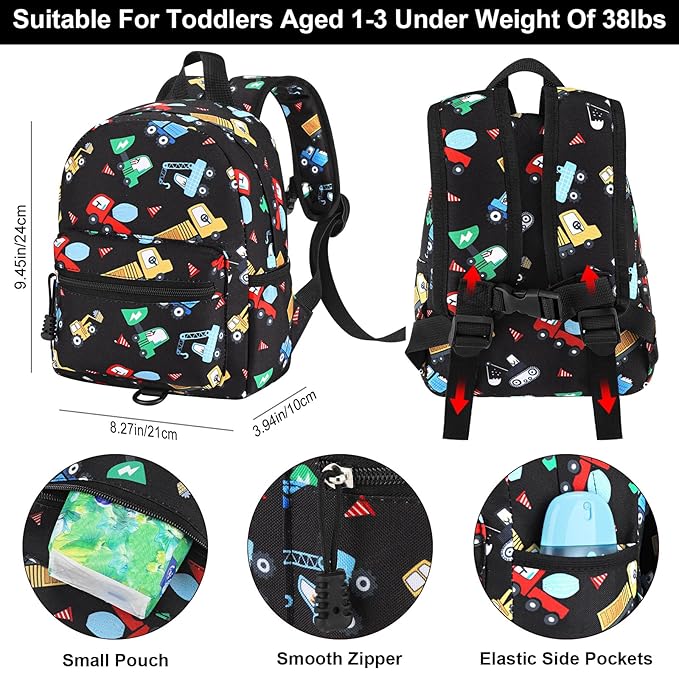 Accmor Toddler Harness Backpack Leash, Cute Excavator Kids Backpack with Anti Lost Wrist Link for Outdoor Walking, Mini Black Child Backpack Wristband Tether Leashes for Boys Girls Aged 1-3 Years Old