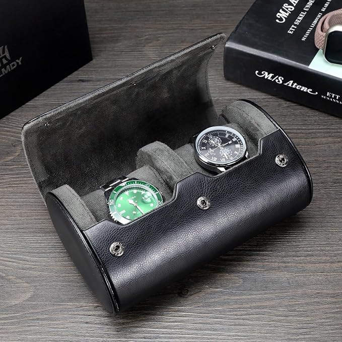 Travel Watch Case - Two Watch Roll Storage Box Organizer for Men's Women's Wristwatches & Smart Watches up to 50mm (Black / 2 Slot)