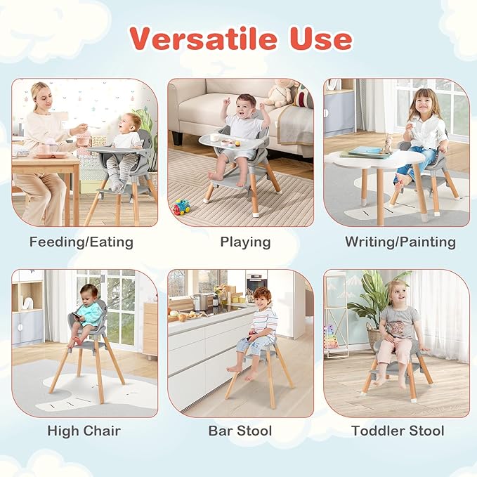 HONEY JOY Baby High Chair, 6 in 1 Convertible Wooden Highchair for Babies and Toddlers/Chair/Bar Stool, Removable Double Tray & Reversible Footrest, Safety Harness for Infant Boys Girls (Dark Gray)