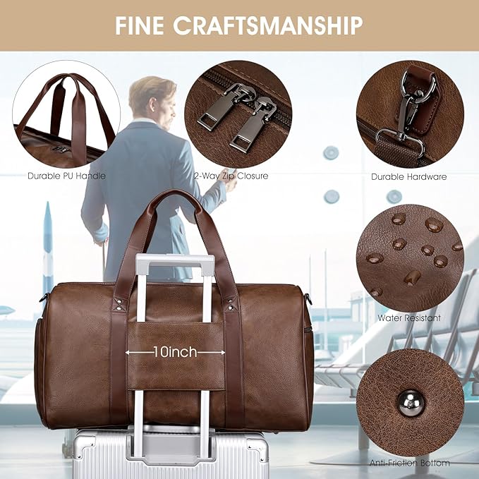 Wogarl 3PCS Faux Leather Weekender Bag for Women Men Large Overnight Travel Duffel Bags with Shoe Compartment Toiletry Packing Cube Carry On Duffle Fit 21" Laptop(Coffee)