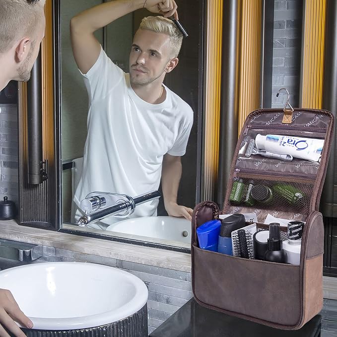 Hanging Toiletry Bag for Men VANCASE Vintage Leather Shaving Dopp Kit Medium Waterproof Travel Bathroom Bags Portable Shower Organizer