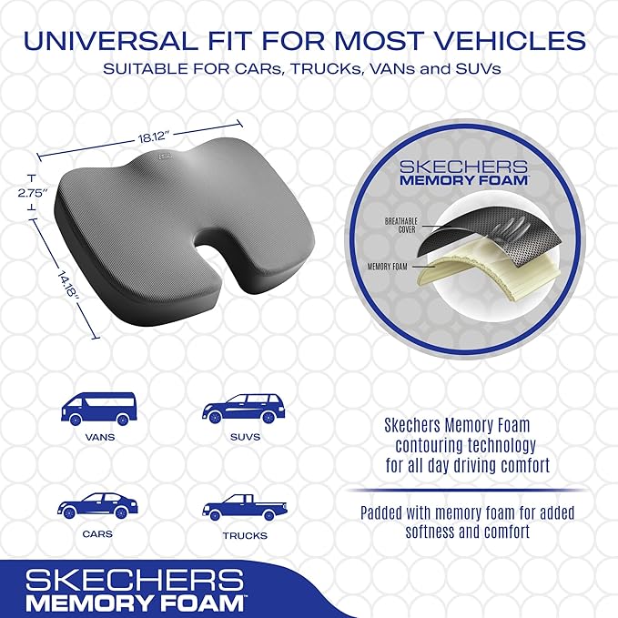 Skechers Memory Foam Seat Cushion,Office Chair Cushion for Tailbone Pain Relief,Butt Pillow for Office Chair,Car seat Cushion,Computer Desk,Long Sitting Office Workers,and Car Drivers,Grey