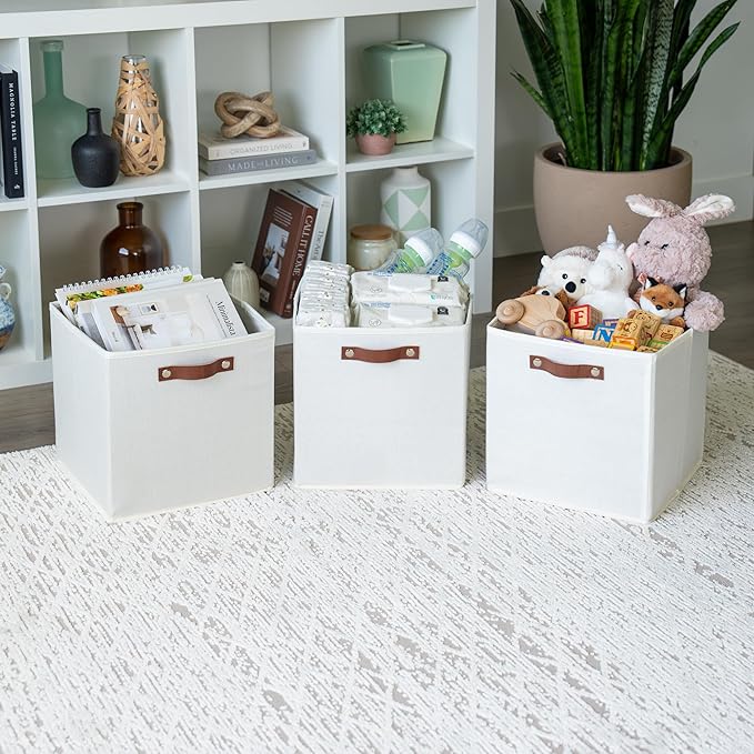 OrganiHaus White 12x12 Fabric Storage Bins - Set of 4, Cube Fabric Organizer Bins with Vegan Handles, Kallax Storage Cubes, Cubbies Organizer Boxes, 12Inch Cubic Baskets for Shelves