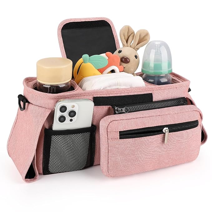 Accmor Universal Stroller Organizer with Insulated Cup Holder Detachable Phone Bag and Shoulder Strap, Stroller Bag Caddy Organizer Accessories Fits for Uppababy, Baby Jogger, Britax Strollers