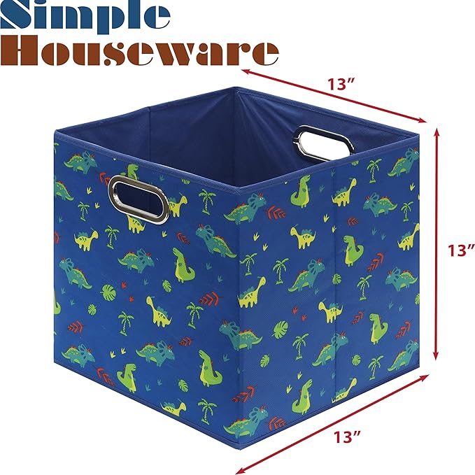SIMPLE HOUSEWARE 13-Inch Collapsible Fabric Cube Storage Bin with Handles, Printed Design, 3 Pack, Blue