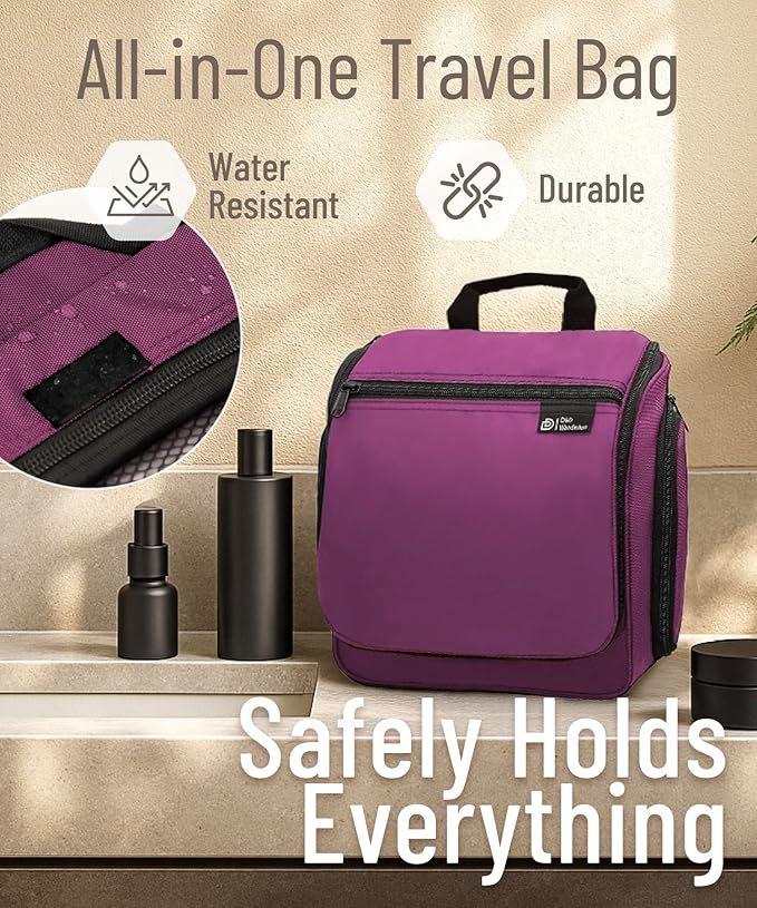 D&D Hanging Travel Toiletry Bag for Men and Women – Large Cosmetics, Makeup and Toiletries Organizer Kit with 10 Compartments, YKK Zippers, XXL Metal Swivel Hook, Water-Resistant Nylon