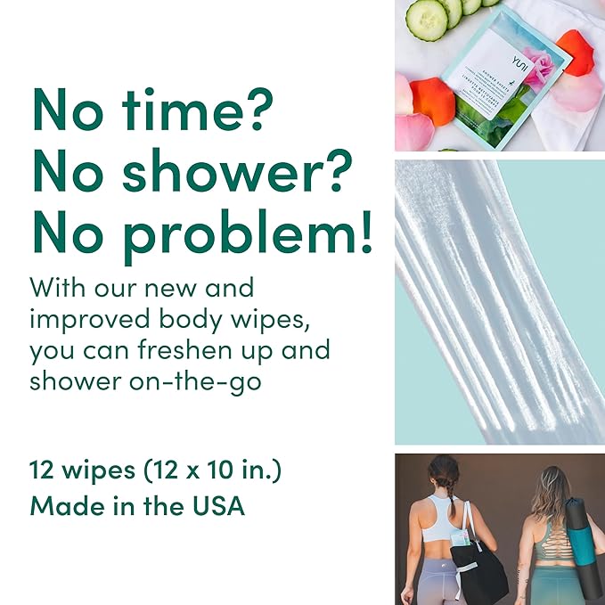 YUNI Beauty Large Body Wipes (Rose Cucumber, 12 Count) Soft Moist Showerless Wipe, Cleanse & Deodorize Waterless Travel Body Cleanser, Biodegradable Individually Wrapped Body Wipe for Camping or Gym