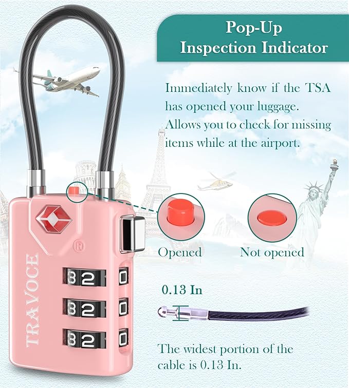 Search Alert TSA Approved Travel Combination Luggage Cable Locks for Suitcase, Gym Locker,Toolbox,Backpack 1,2,4,6 &10 pk (Pink 2 Pack)