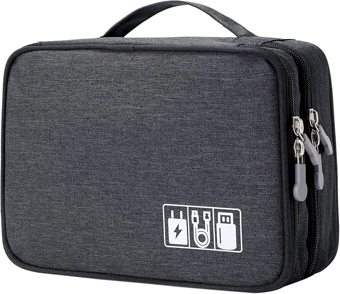 MIRLEWAIY Travel Cords Organizer Case Double-Layer Electronic Accessories Carrying Bag for Charger Cables Adapter USB Sticks Leads Memory Cards, Black