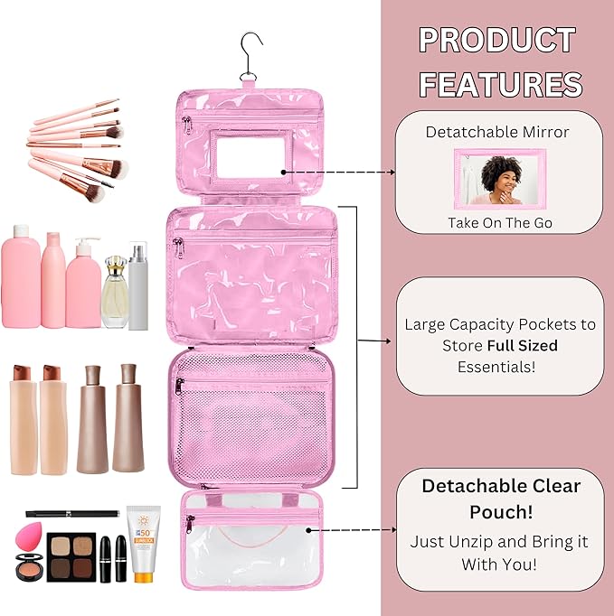 ESSENTE Women's Travel Toiletry Bag with Removable Pouch and Hanging Hook - Water Resistant Makeup Cosmetic Oraganizer with Multiple Compartments for Accessories (PRETTY IN PINK)