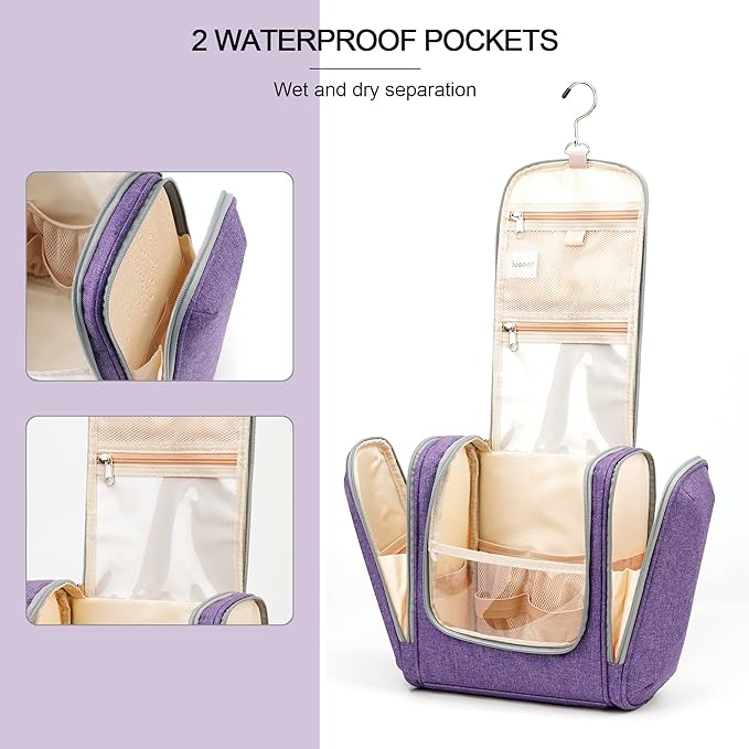 Hanging Travel Toiletry Bag for Women and Men, 6 Organizer Compartments, Extra Large Toiletries Bag, Bathroom Cosmetic Bag, Water-resistant Makeup Bag, Holds Full-Size Shampoo, Purple