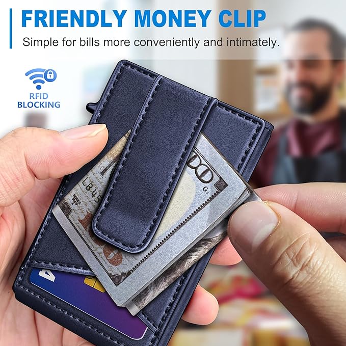 Airtag Wallet for Men,with Money Clip Gift Boxed,Slim Front Pocket Wallet RFID Blocking Metal Case Smart Pop-up Credit Card Holder in Magnetic Leather Flip