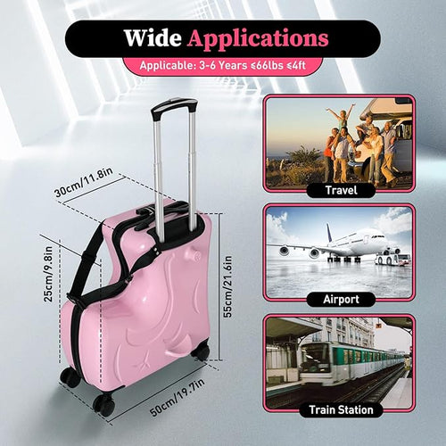 20 Inch Children's Ride On Trolley, Toddler Luggage Seat Ride with Lock, Kid's Ride-on Travel Suitcase with Spinner Wheels, Kids Travel Trolley Riding Luggage Suitcase for Boys Girls Gift, Pink