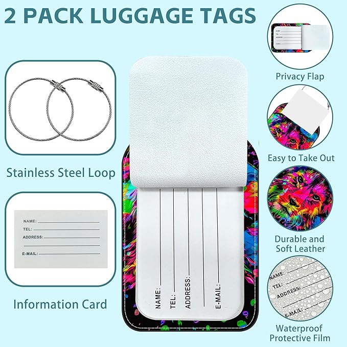 Colored Lion Head Luggage Tag for Suitcase Set of 2 PU Leather Cute Luggage Tags with Stainless Metal Loop ID Label Privacy Flap Suitcase Tags for Women and Men Travel