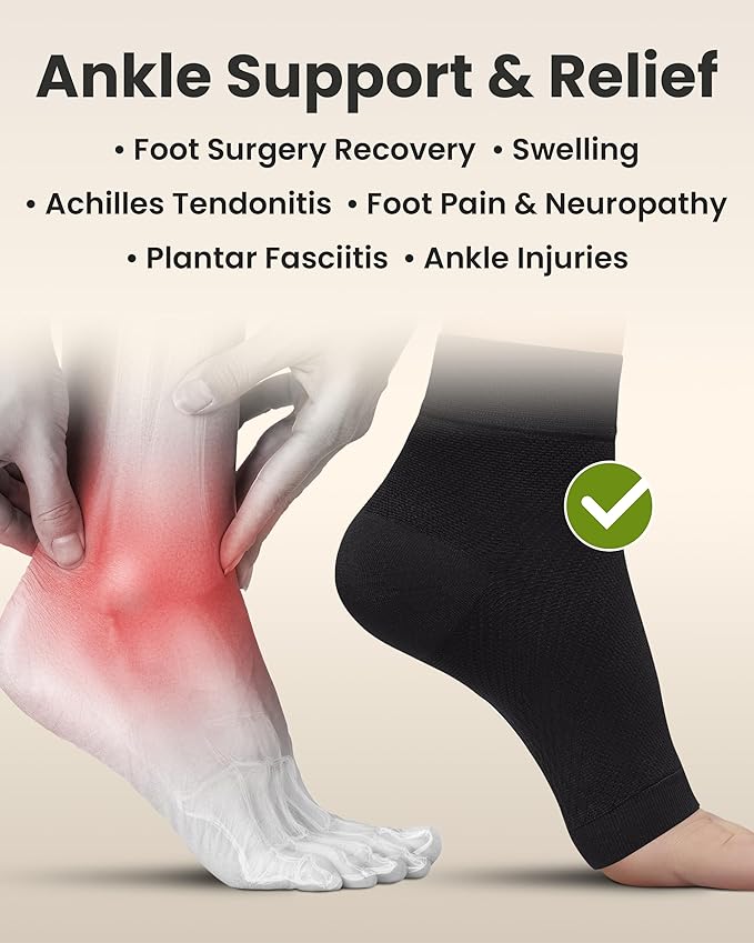 KEMFORD Ankle Compression Sleeve - Plantar Fasciitis Braces - Open Toe Compression Socks for Swelling, Sprain, Neuropathy, Foot Arch Support for Men and Women - 20-30mmhg, S, Black