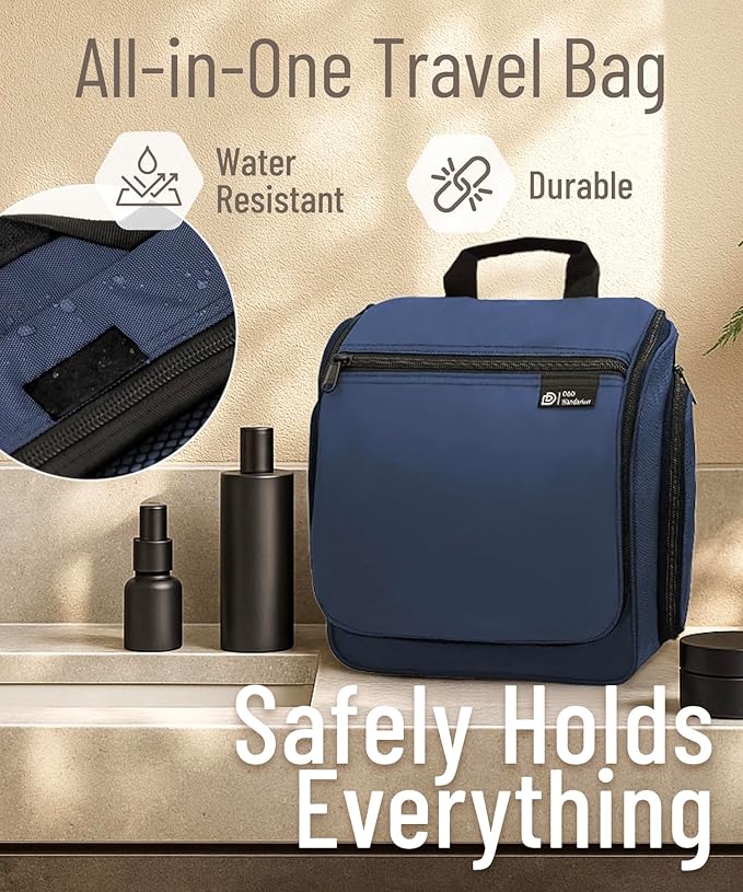 D&D Hanging Travel Toiletry Bag for Men and Women – Extra Large Hanging Shower Bag Toiletries Organizer Kit with 10 Compartments, Quality Zippers, XXL Metal Swivel Hook, Water-Resistant Nylon