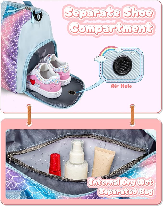 Sister Graduation Gift-Girl Gym Bag with Shoe Compartment, Kid Personalized Weekender Overnight Bags, Initial Travel Tote with Makeup Pouch Valentine's Day Gifts for Kids (Letter I)