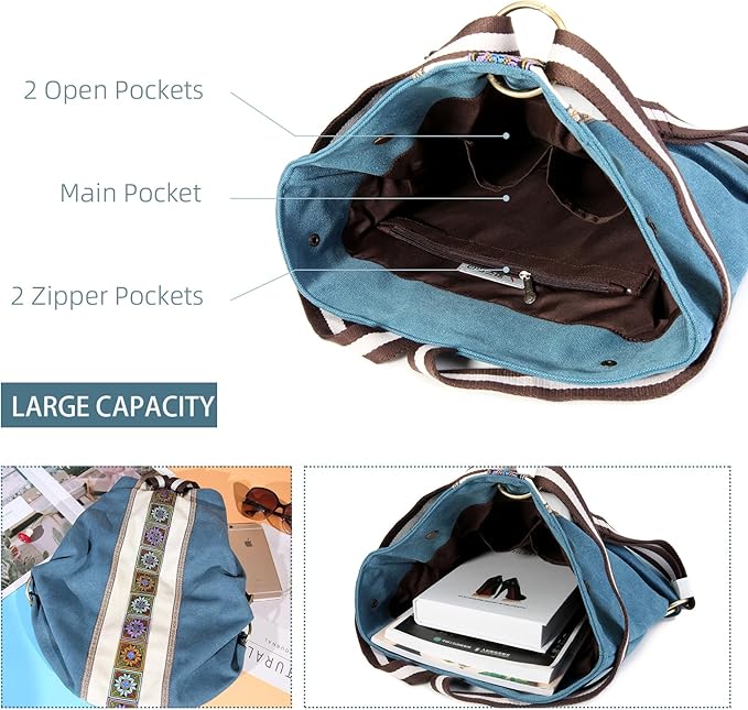 Goodhan Women Canvas Backpack Daypack Casual Shoulder Bag, Vintage Heavy-duty Anti-theft Travel Backpack (Green Blue)