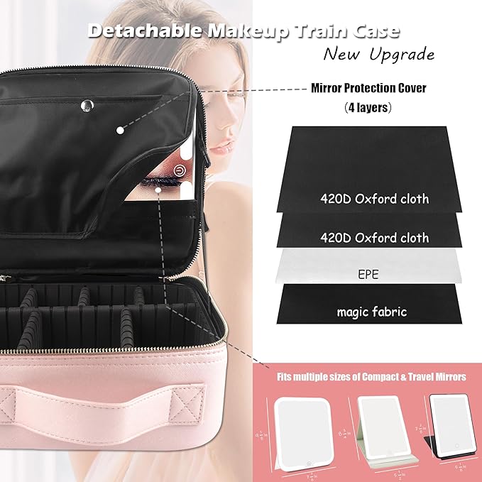 MOMIRA Travel Makeup Bag Cosmetic Bag with Lighted Mirror, Adjustable Brightness in 3 Color Scenarios, Waterproof, 10x Magnifying Mirror, Rotatable Independent Light Mirror- Phosphor(Solid)
