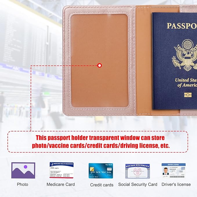TIGARI Passport Holder for Travel Women Men, PU Leather Passport Wallet Cover Case Sleeve, Waterproof Protected Document Organizer, Family Vacation Plane Cruise Travel Essentials-Pink