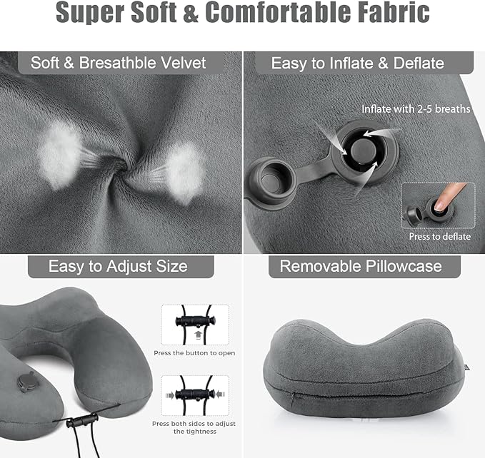 urophylla Inflatable Travel Neck Pillow for Airplanes, Super Soft Velvet Neck Support, Adjustable Firmness, Blow Up Plane Pillow for Long Flights, Road Trips, Travel Essentials with Eye Mask, Earplug