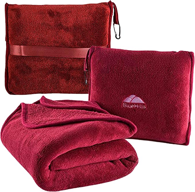 BlueHills Premium Soft Travel Blanket Pillow Airplane Blanket Packed in Soft Bag Pillowcase with Hand Luggage Belt and Backpack Clip Compact Large Long Flights Traveler Essentials Lightweight Red T001