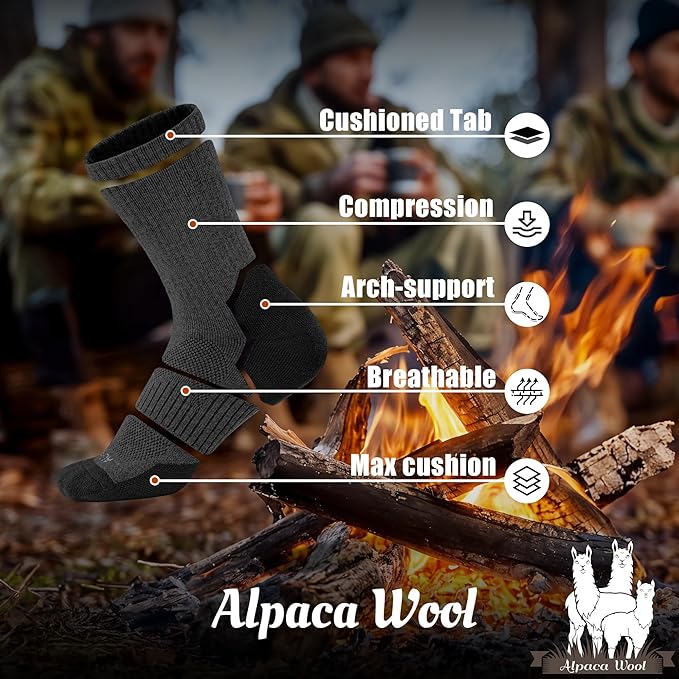 Alpaca Wool Hunting Socks 2 pairs for Men Women, Thermal Warm Compression Thick Winter Cushioned Hiking Boot Moisture Wicking